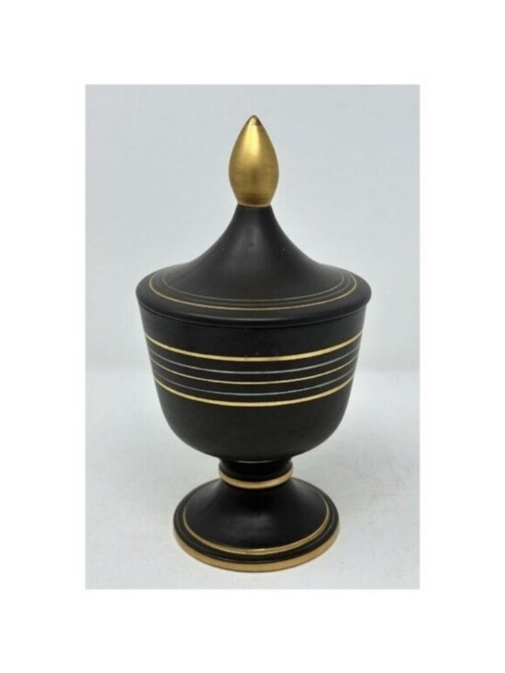 Vtg VEE JACKSON CALIFORNIA 10" URN w/ FINIAL LID Black/Brown Gold Silver Lines - Picture 2 of 13